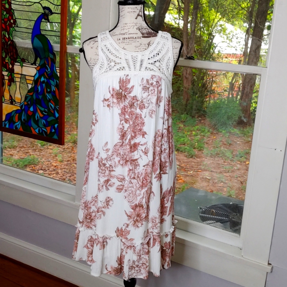 Maurices Sundress Crochet Neckline French Floral Pattern Midi Length Boh…